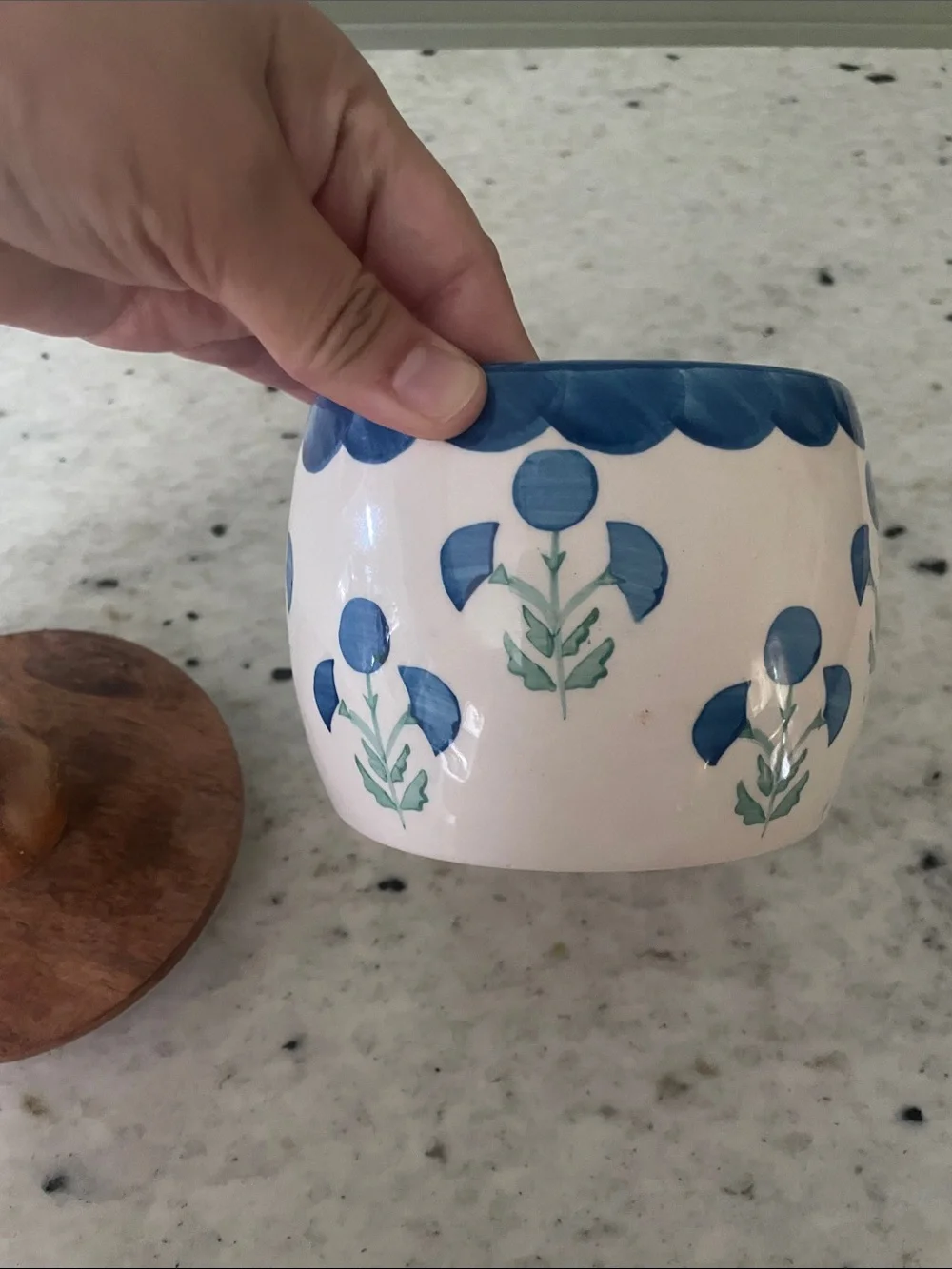 Hand-Painted Ceramic Jar with Wood Lid - Blue Floral